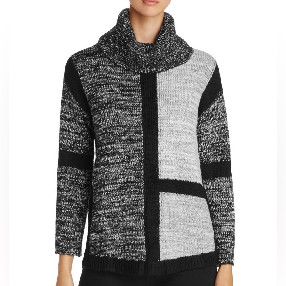 Chunky Knit Cozy Colorblock Black and Gray Patchwork Cowl Neck Sweater